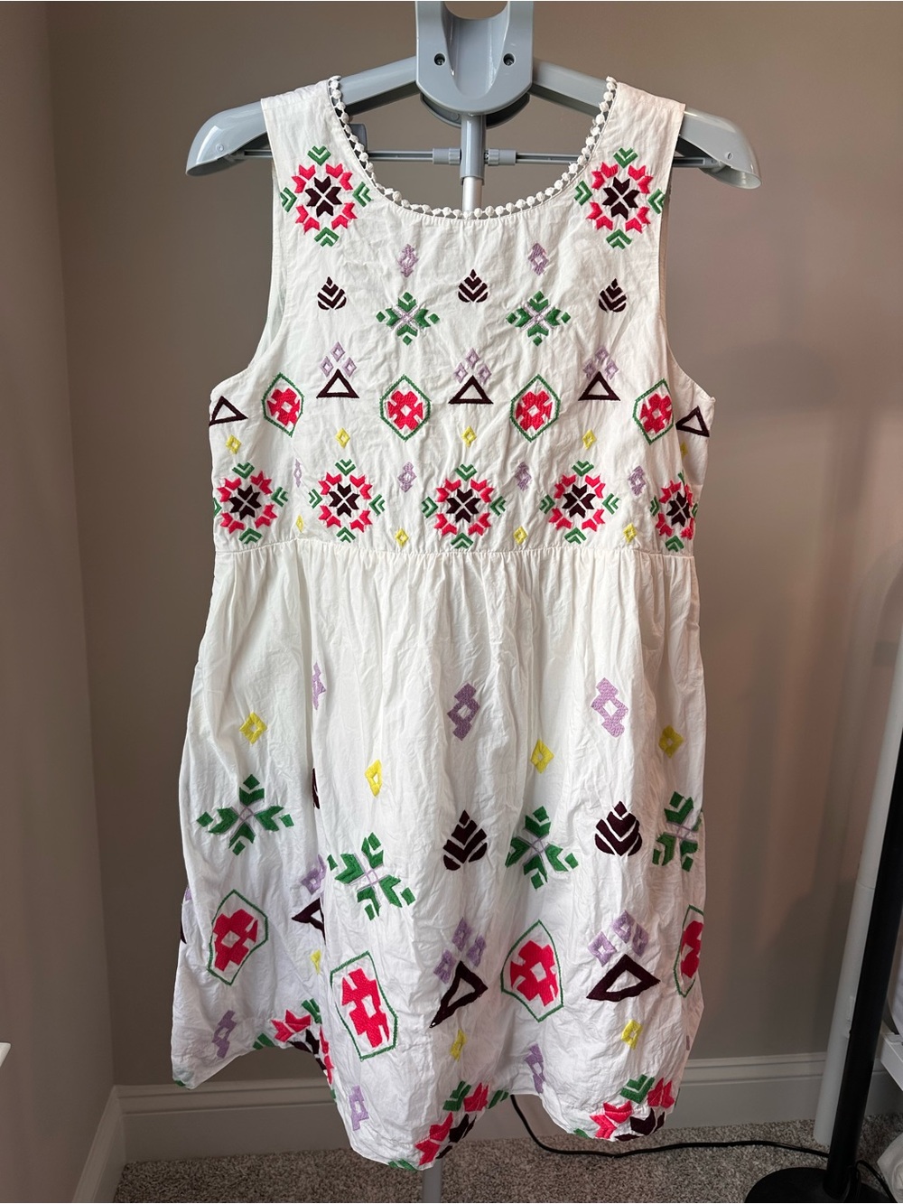 Anthropologie Dolly Geometric Embroidered Cotton Mini Sun Dress Back Button L - Picture 2 of 8